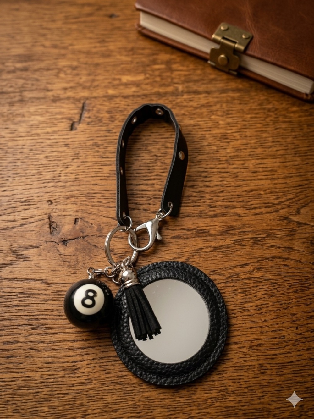 Black Leather Keychain Lanyard with Mirror ,8 ball and Tassel new !🎱 - Picture 2 of 4
